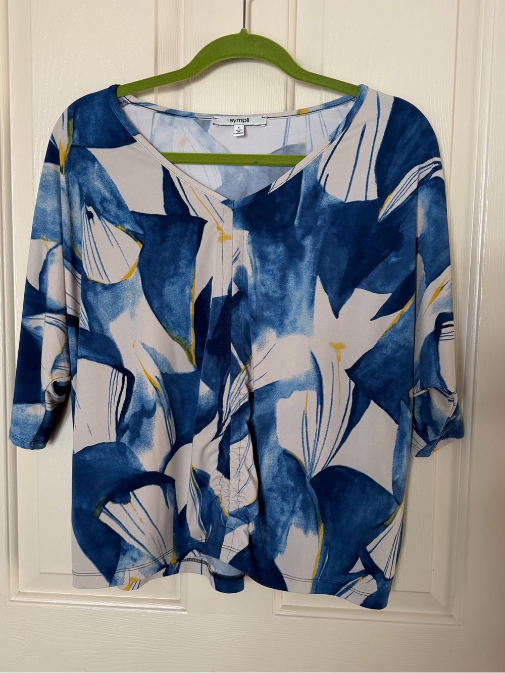 Sympli Blue Abstract V-Neck Ruffle Front Top - Picture 2 of 10